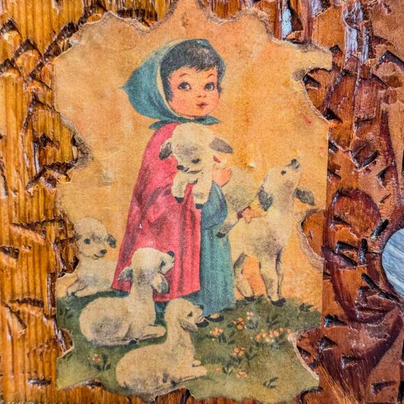1970’s Vintage Farm Girl w/ Baby Lamb Decoupage on Wood-Wall Art-Folk Art-5.25”H - Picture 3 of 5